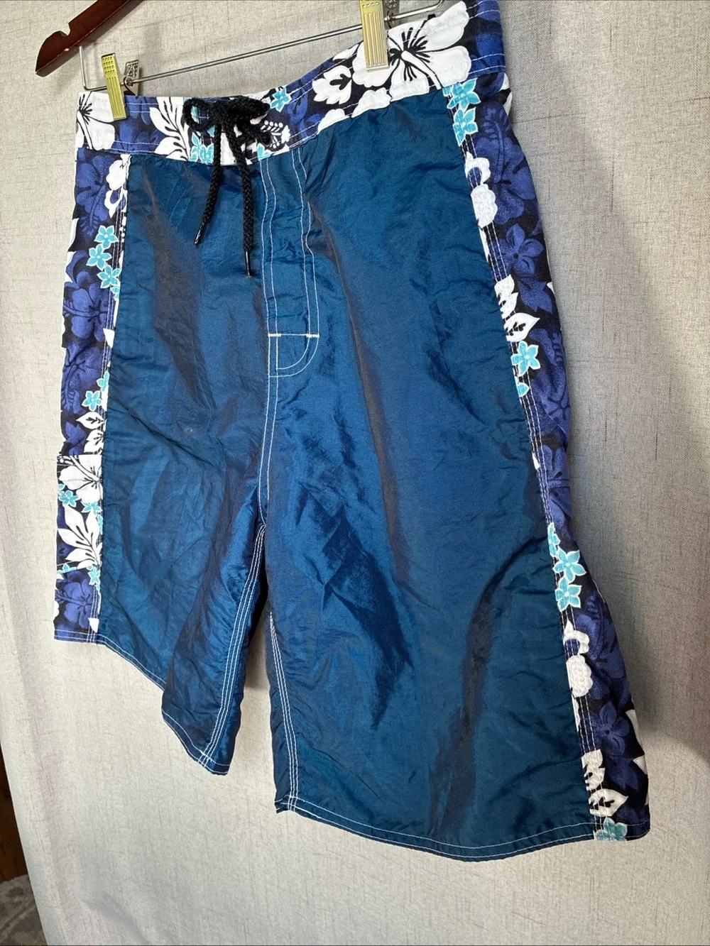 Mens Blue Hawaiian Boardshorts 34 Y2K Surf Swim Drawstring Trunks Vintage 31 S M